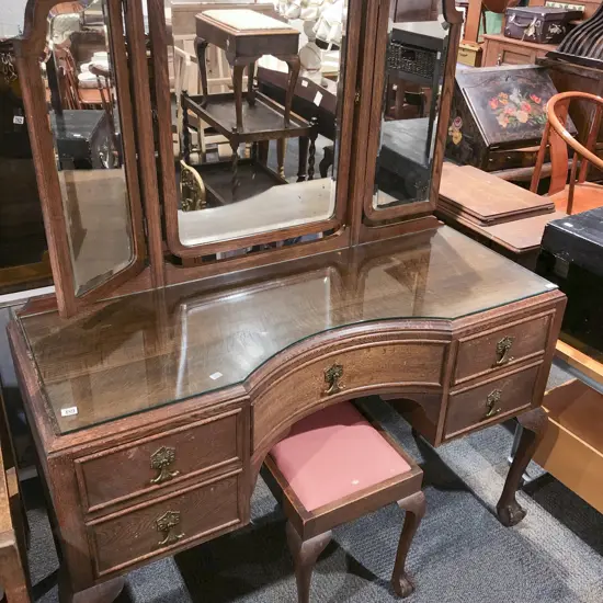 Oak Mirror Back Dressing Table with Associated Stool