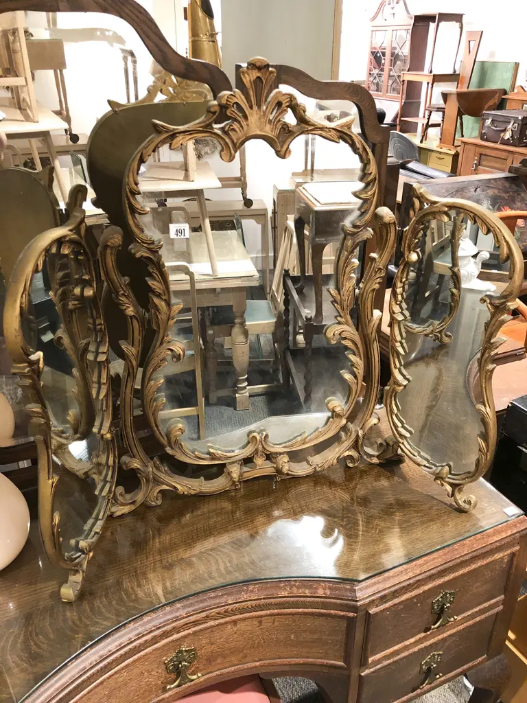 Gilt Painted Ornate Three Panel Dressing Mirror Image 1++