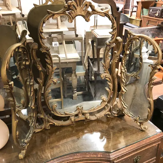 Gilt Painted Ornate Three Panel Dressing Mirror
