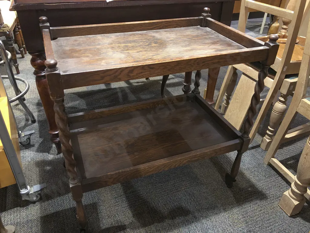 Oak Two Tier Tea Trolley with Barley Twist Supports Image 1++