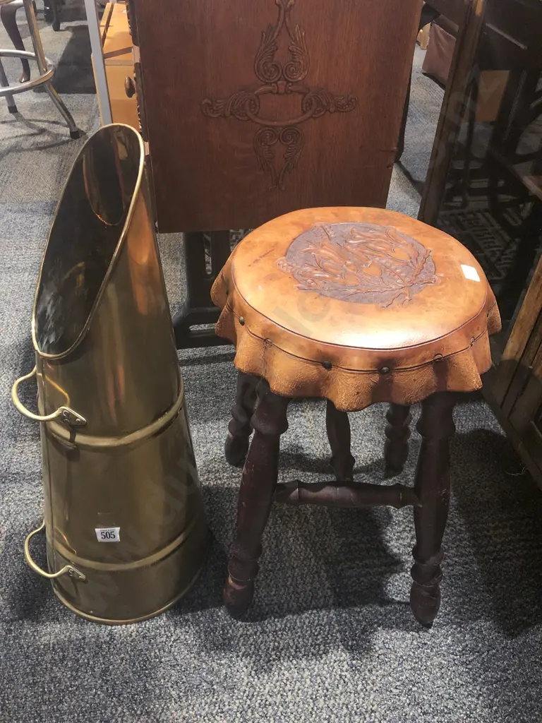 Brass Coal Scuttle Together with Leather Stool Image 1++