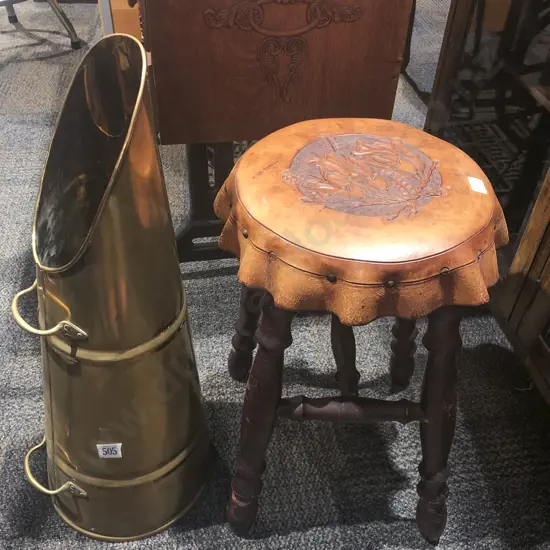 Brass Coal Scuttle Together with Leather Stool
