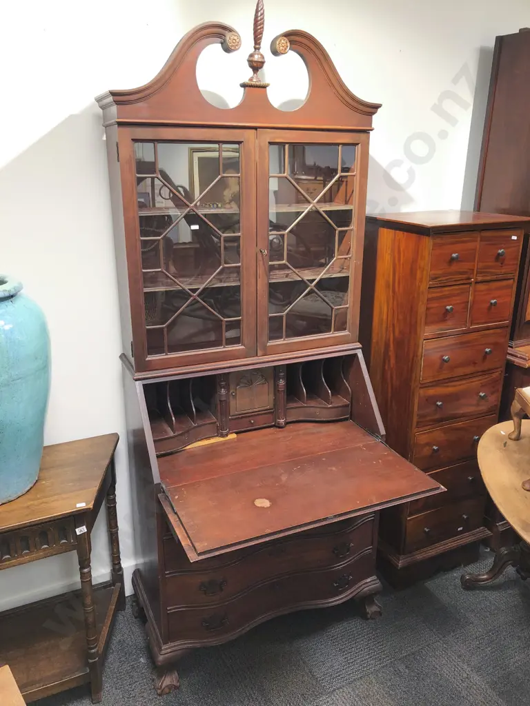 Repro. Mahogany Serpentine Bureau Bookcase Image 1++