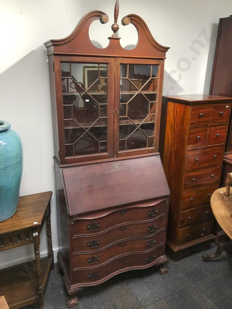 Repro. Mahogany Serpentine Bureau Bookcase Image 1++