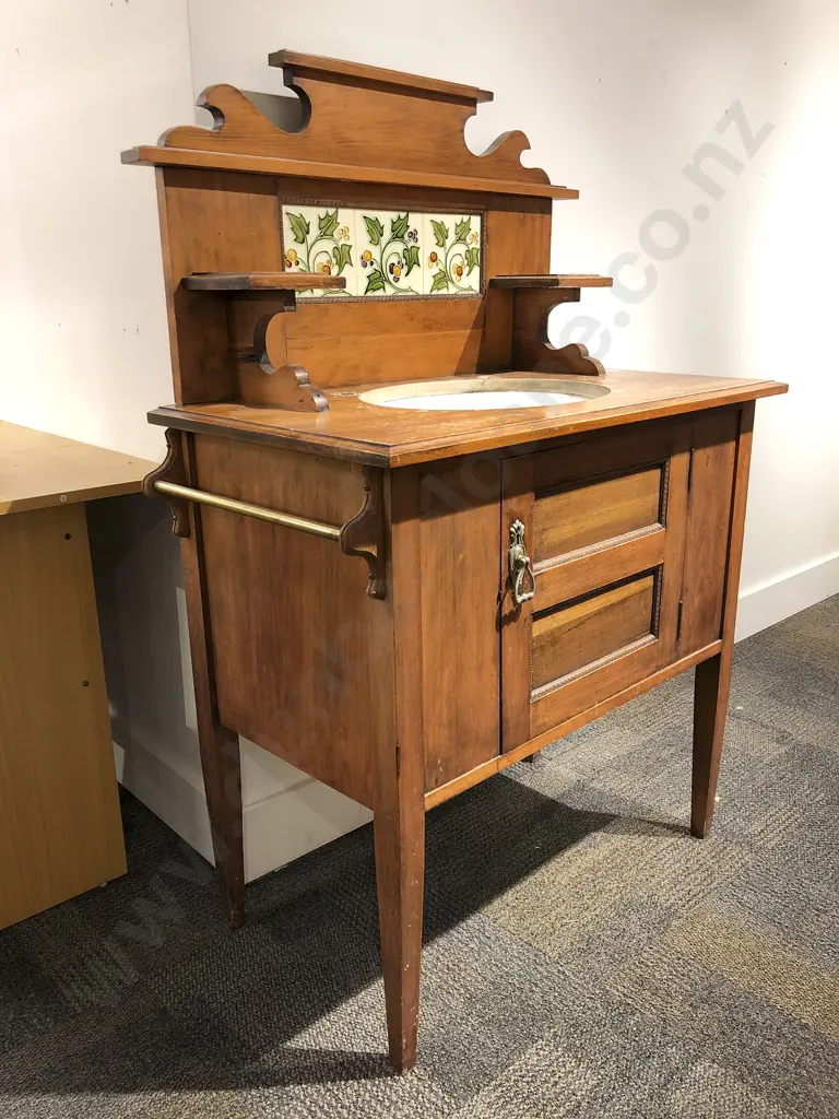 Kauri Wash Stand with Tiled and Shelved Gallery Back Image 1++