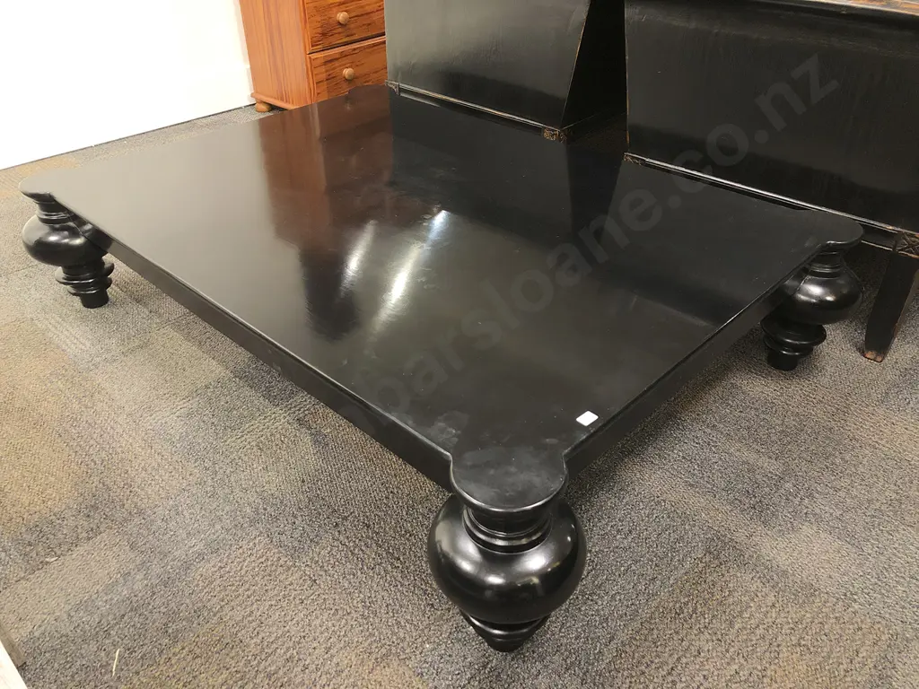 Large Ebonised Low Coffee Table on Turned Wood Feet Image 1++