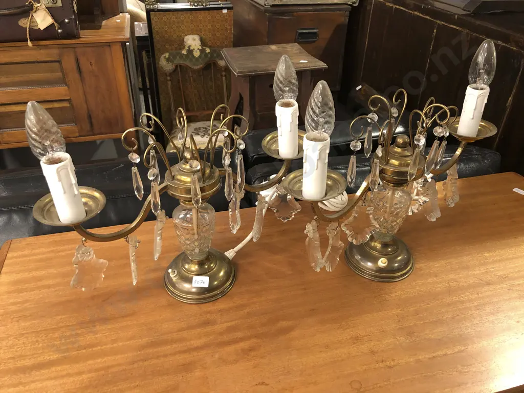 Pair of Two Light Brass and Crystal Candelabra Style Table Lamps Image 1++