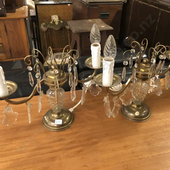 Pair of Two Light Brass and Crystal Candelabra Style Table Lamps