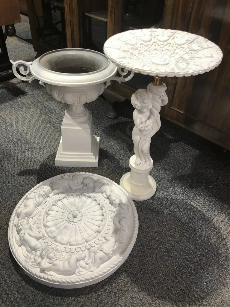 Resin Cherub Ornament on Alabaster Base and Two Others Image 1++
