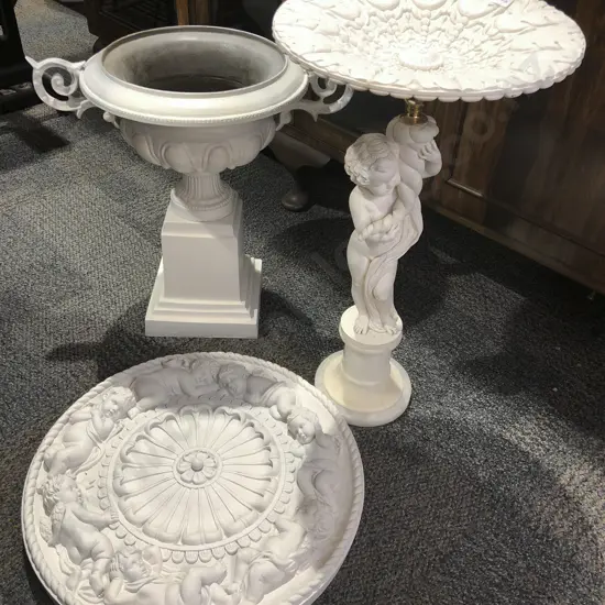 Resin Cherub Ornament on Alabaster Base and Two Others