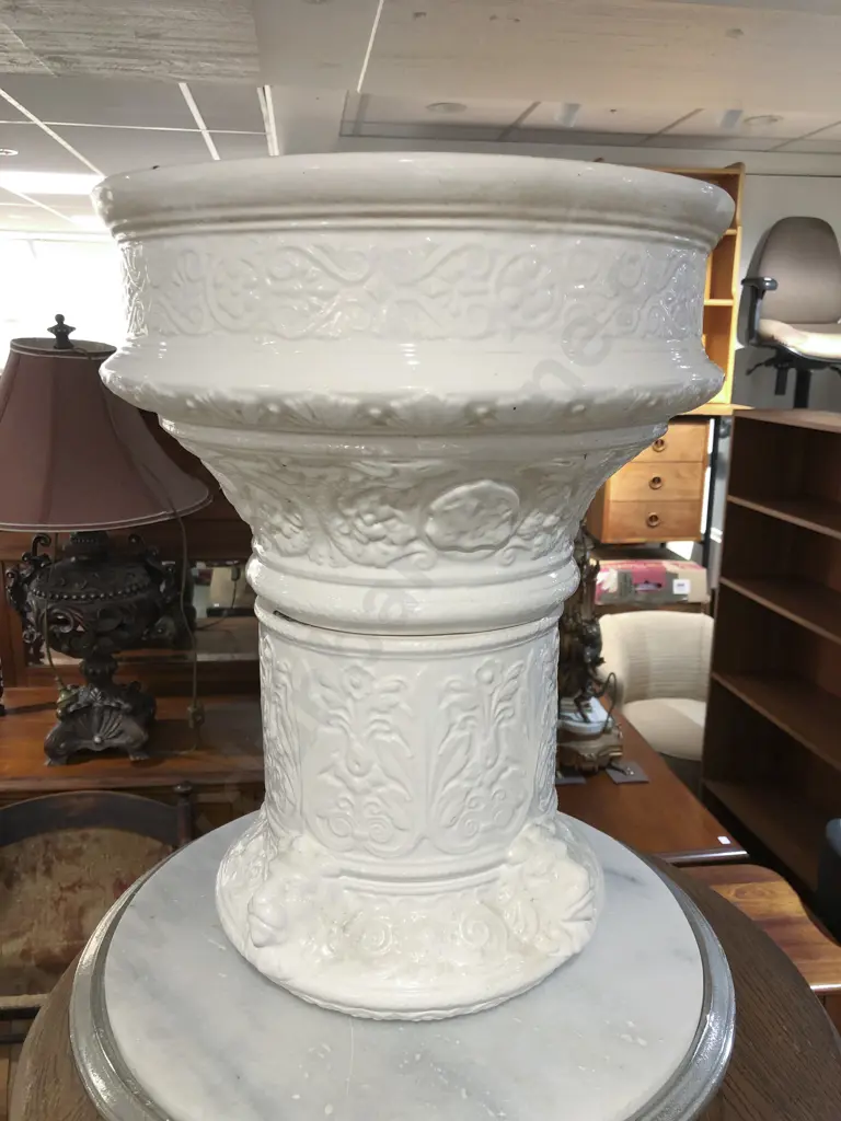White Glazed Planter on Associated Stand Image 1++
