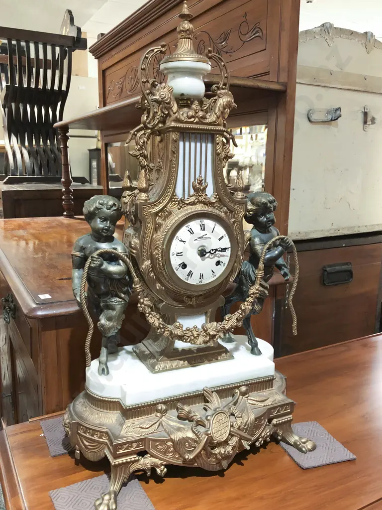Italian Decorative Ornate Brass & Marble Mantle Clock Image 1++
