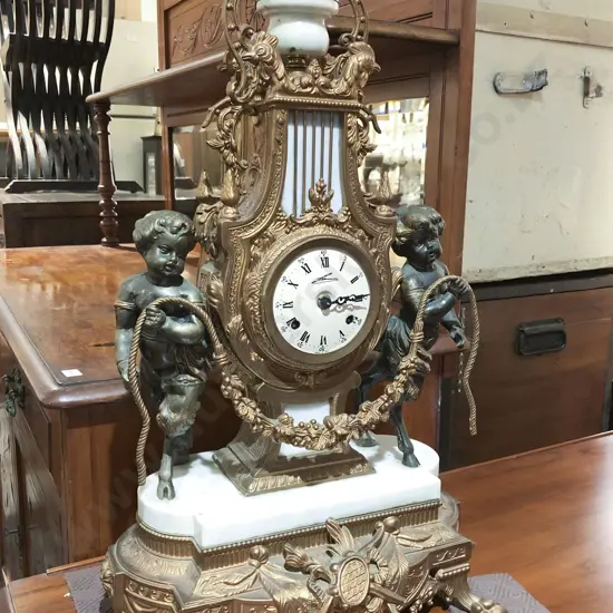 Italian Decorative Ornate Brass & Marble Mantle Clock