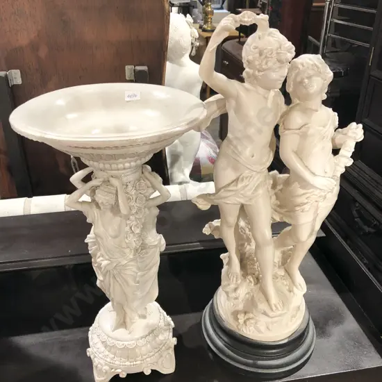 Composite Group Figure Together with Small Resin Bird Bath