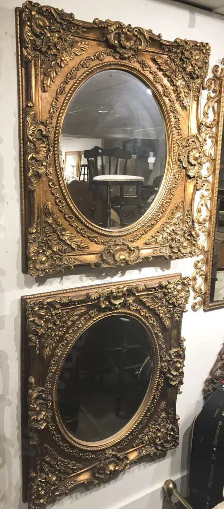 Pair of Ornate Gilt Painted Bevelled Oval Wall Mirrors Image 1++