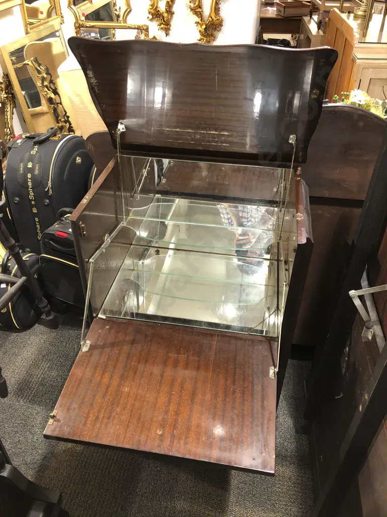 Mahogany Drop Front/Tilt Top Drinks Cabinet with Mirrored Interior Image 1++