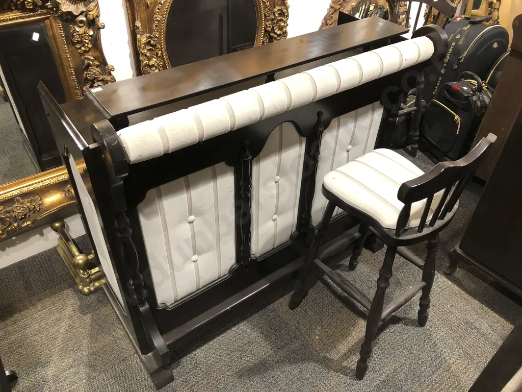 Ebonised & Upholstered Bar Cabinet & Two Bar Stools Image 1++
