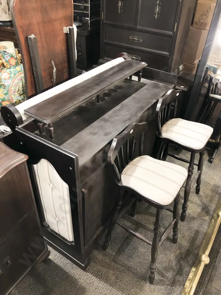 Ebonised & Upholstered Bar Cabinet & Two Bar Stools Image 1++