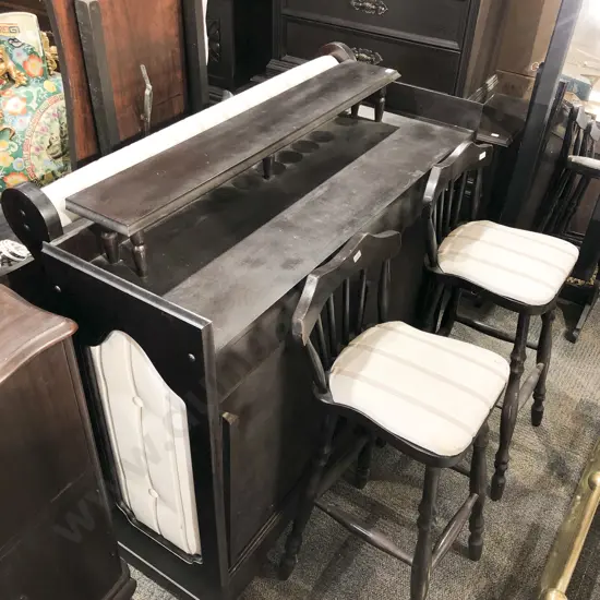 Ebonised & Upholstered Bar Cabinet & Two Bar Stools