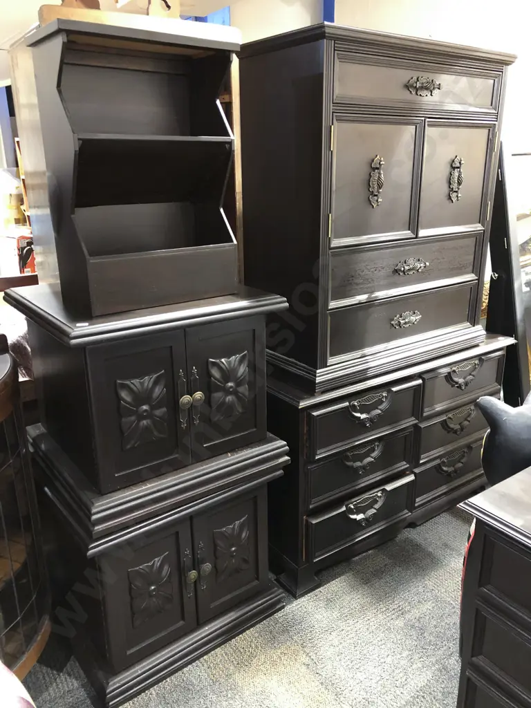 Pair of Ebonised Side Cabinets Together with Associated Entertainment Cabinet Image 1++