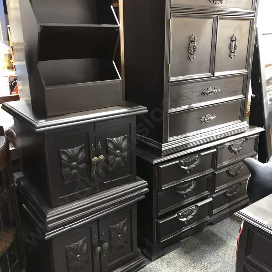 Pair of Ebonised Side Cabinets Together with Associated Entertainment Cabinet
