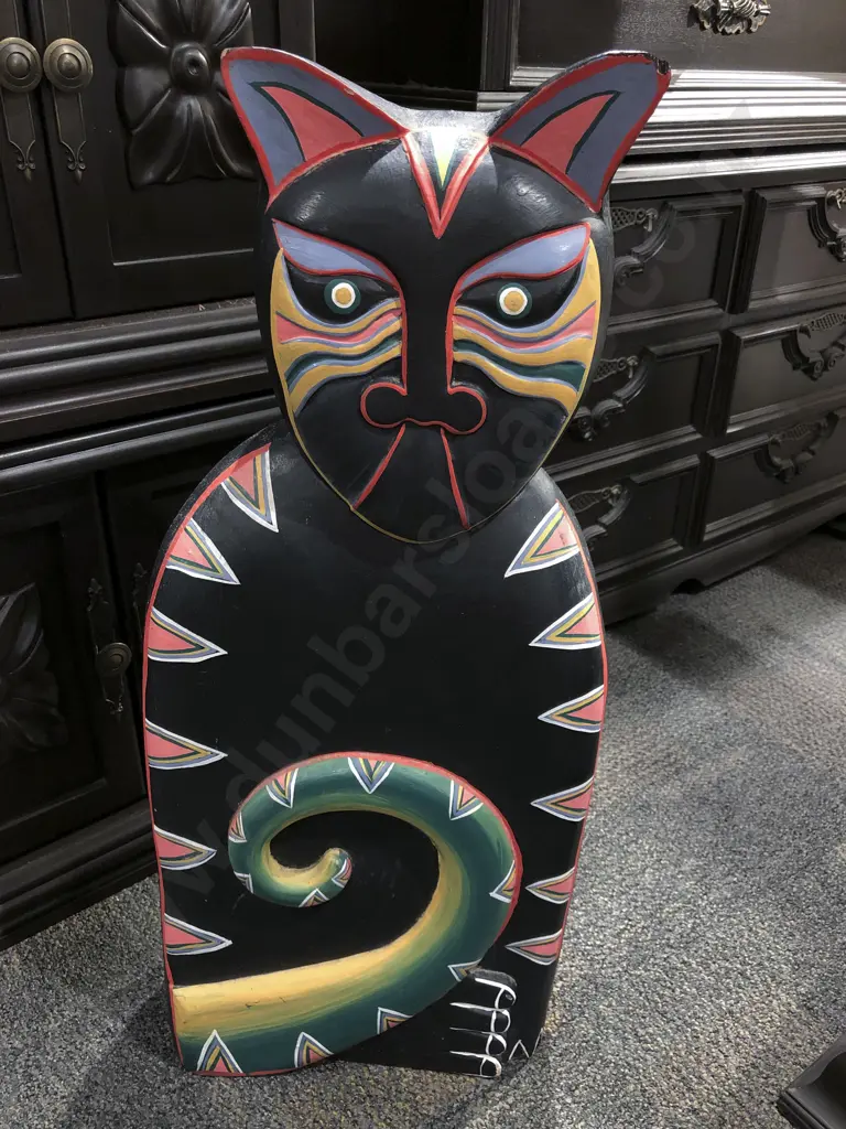 Wooden Hand Painted Floor Standing Cat Ornament Image 1++