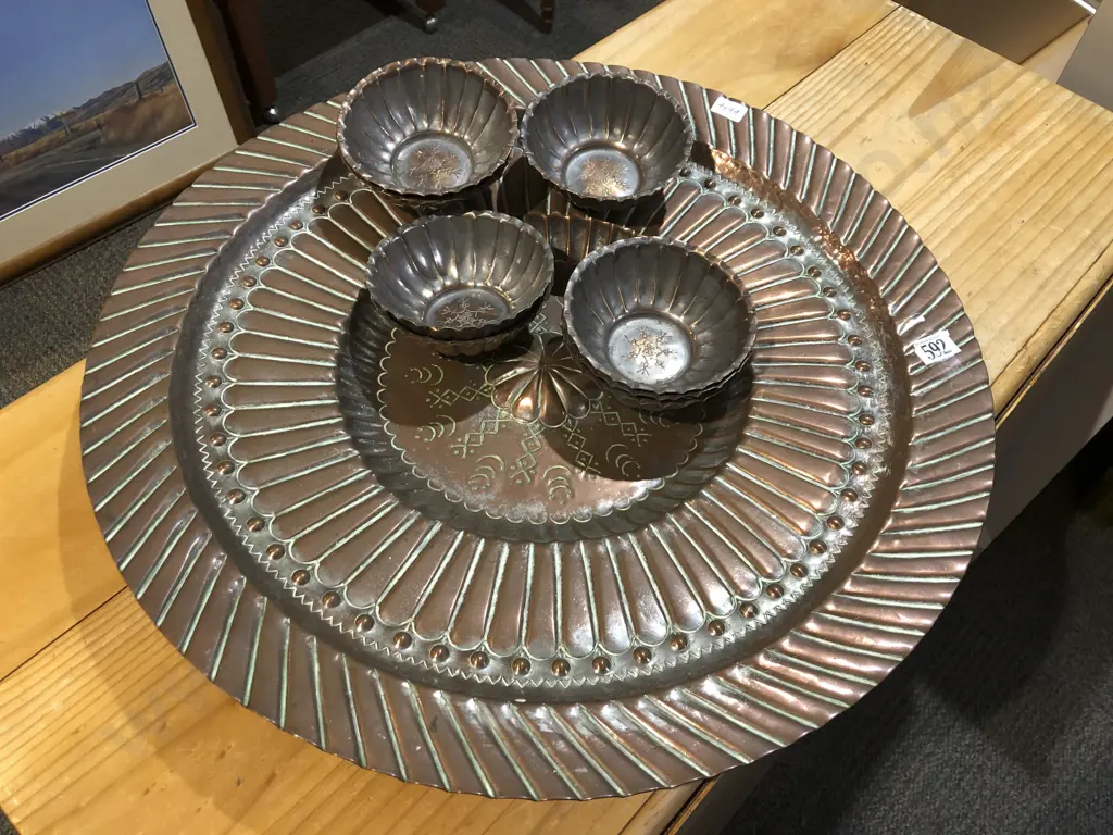 Large Brushed Copper Charger & Eight Matching Bowls Image 1++