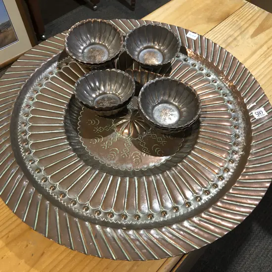 Large Brushed Copper Charger & Eight Matching Bowls