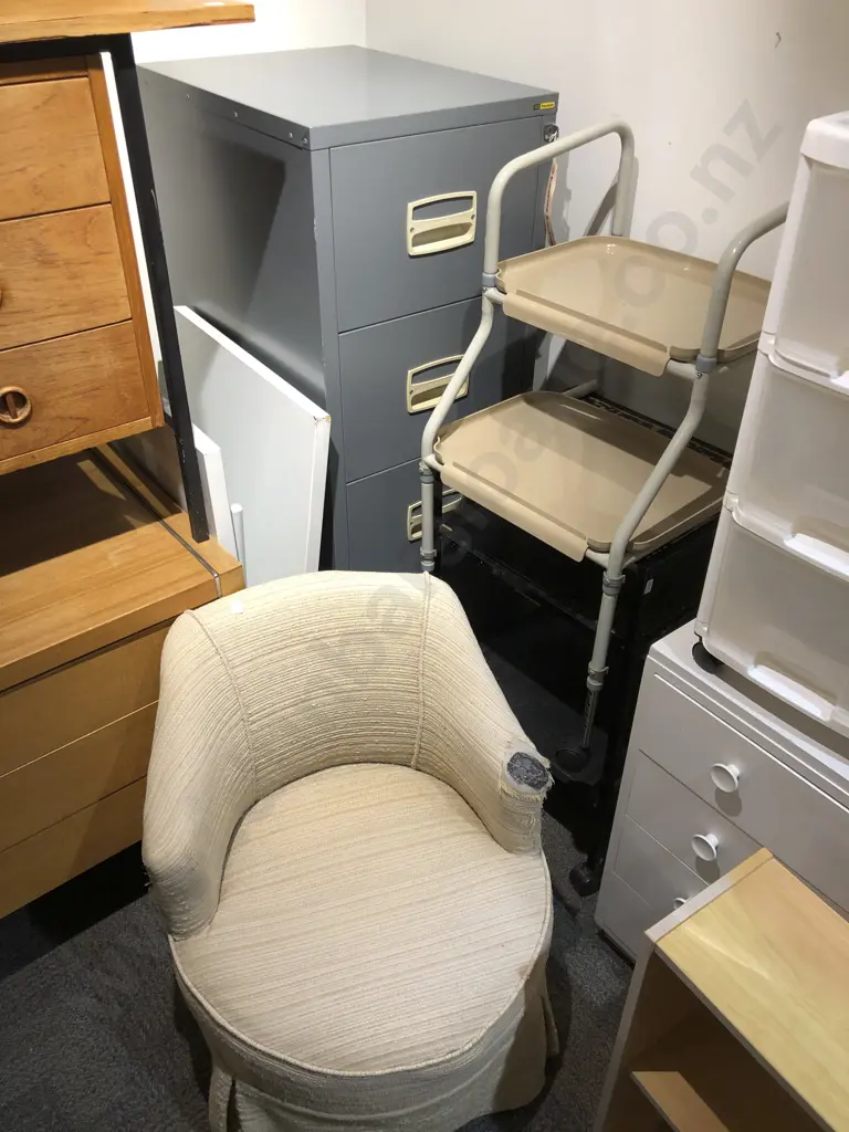 Four Drawer Filing Cabinet Together with Upholstered Tub Chair and Two Modern Shelving Units and Other Image 1++