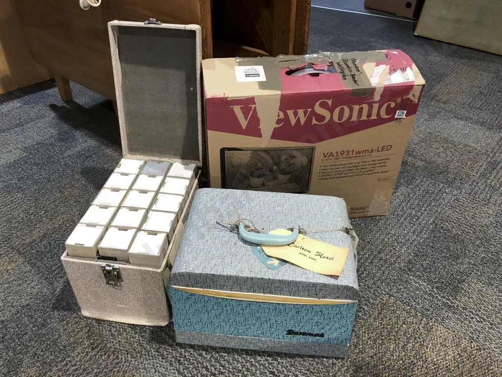 Vintage Slide Projector Together with Case of Assorted Slides and Boxed LCD Computer Monitor Image 1++
