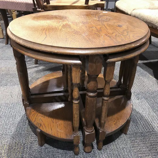 Circular Oak Coffee Table with Four Nesting Stools