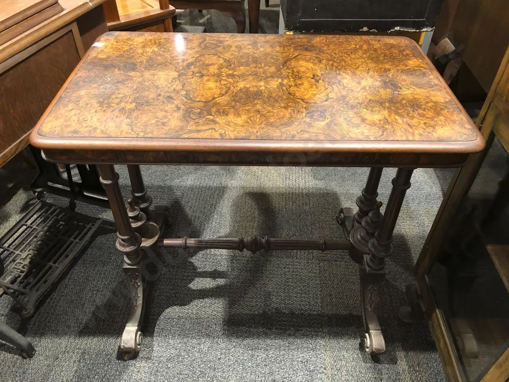 Vict Burr Walnut Sofa Table on Stretcher Base Image 1++