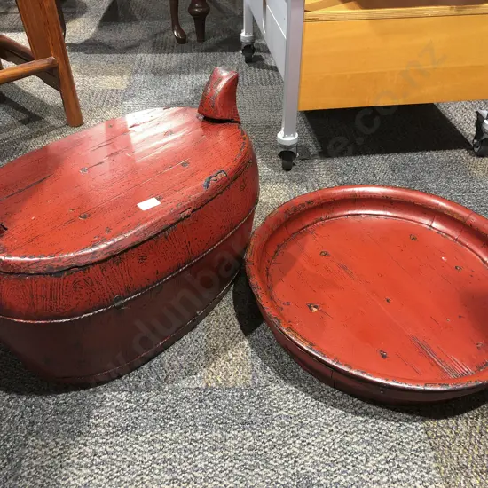 Oriental Red Lacquered Lidded Container & Tray