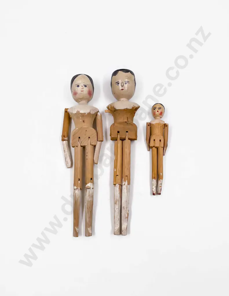 Three Antique Wooden Peg Dolls Image 1++