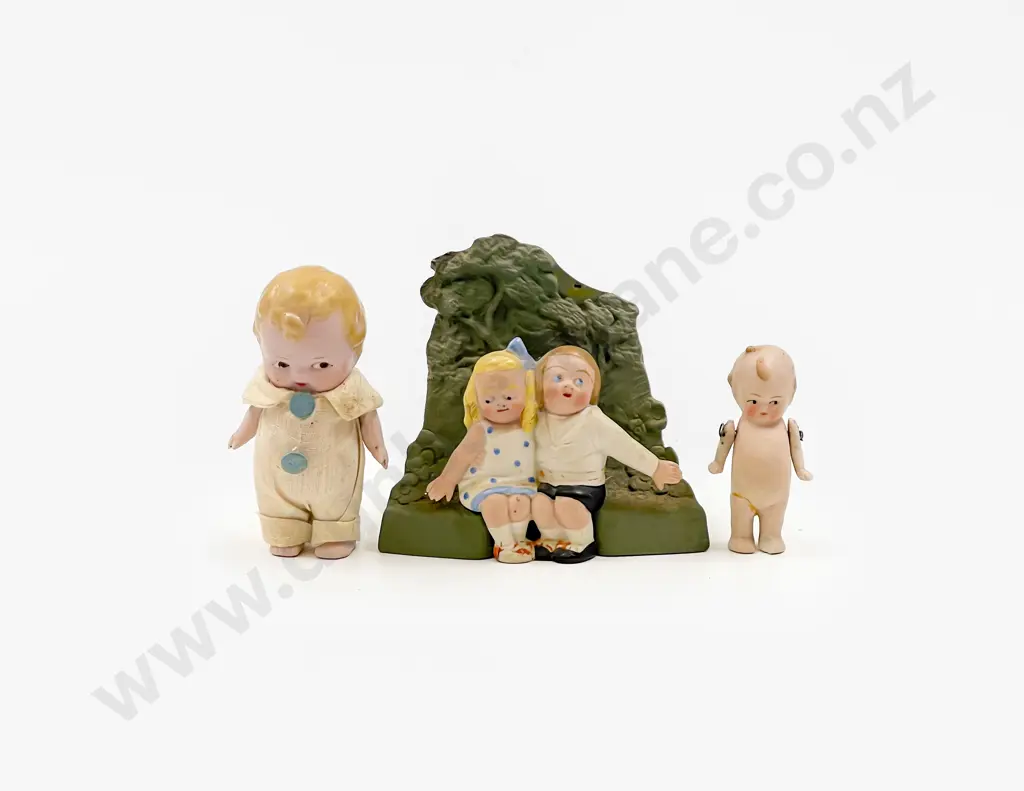 Two All Bisque Character Dolls and Novelty Posy Vase Image 1++