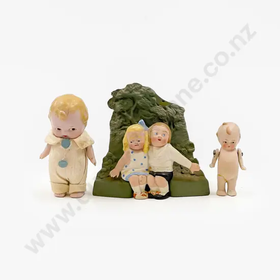 Two All Bisque Character Dolls and Novelty Posy Vase