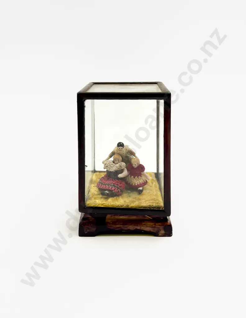Two Tiny All Bisque Dolls and Peg Doll with glass display box Image 1++