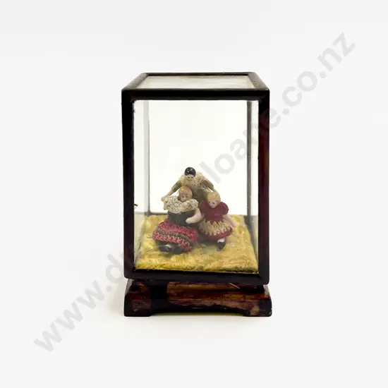Two Tiny All Bisque Dolls and Peg Doll with glass display box