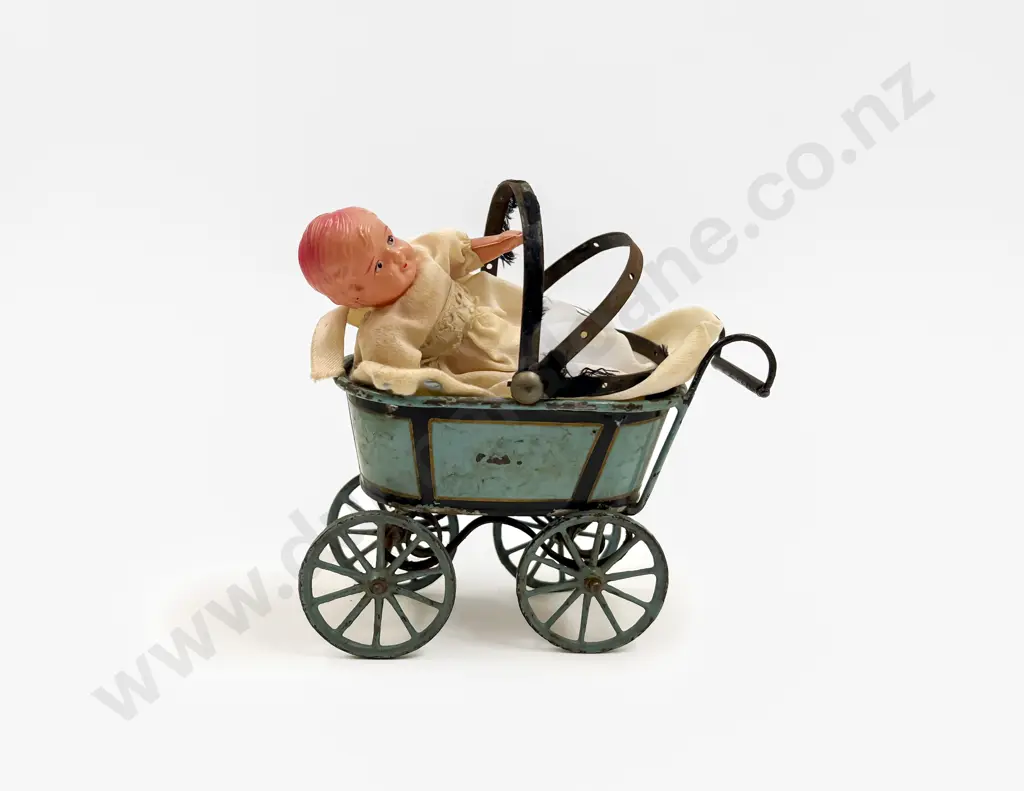 Antique Painted Tinplate Small Doll Pram Image 1++