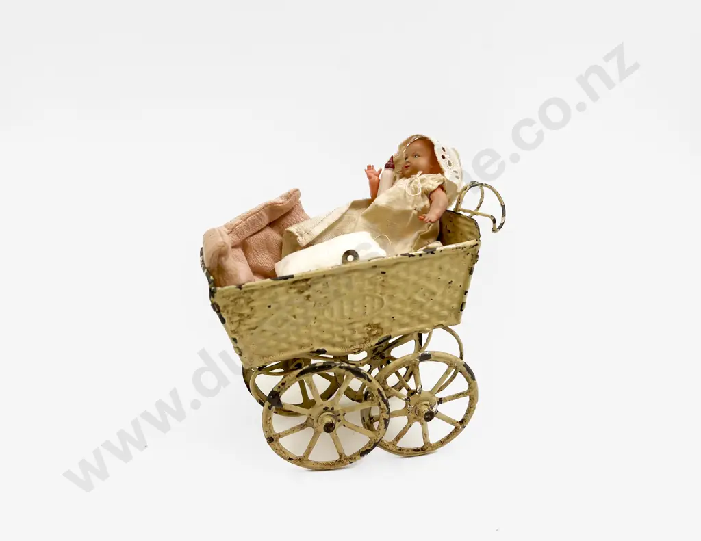 Antique Painted Tinplate Doll Pram Image 1++