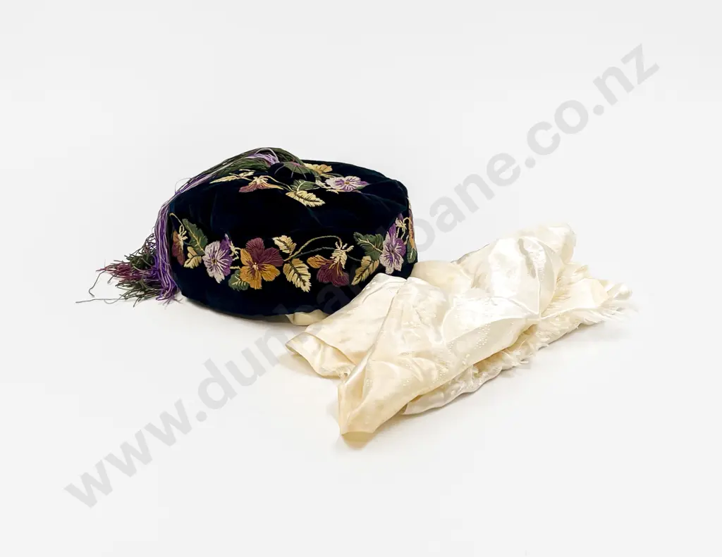 Gents Velvet Violet Embroidered Smoking Cap and Satin Scarf Image 1++