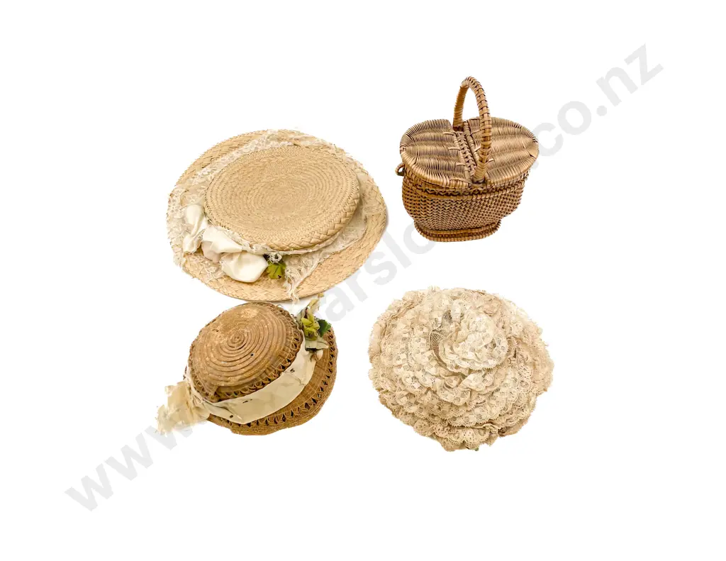 Three Vintage Doll Hats and Basket Image 1++