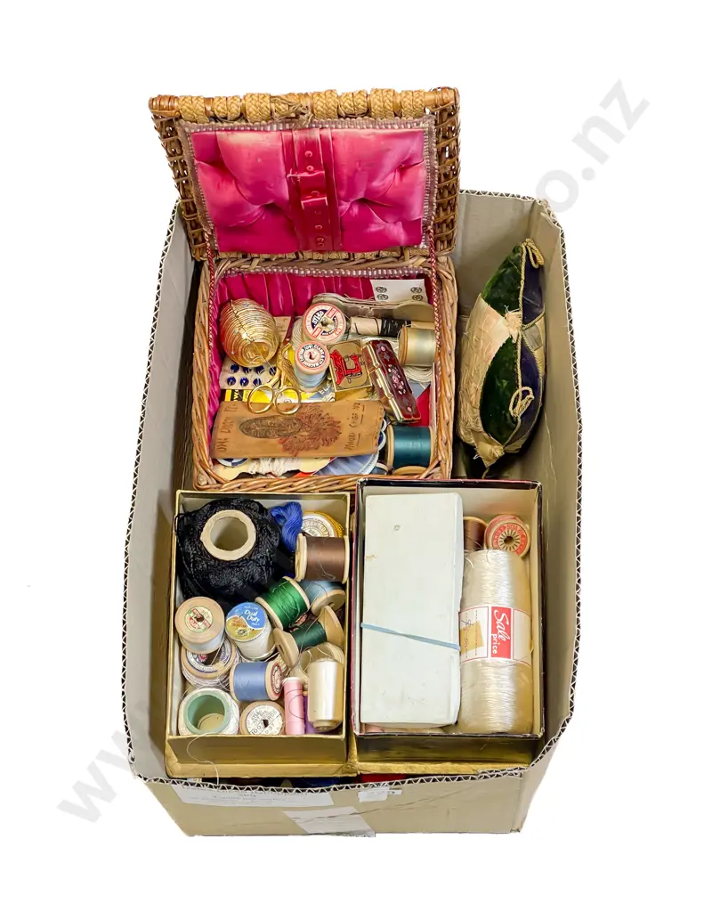 Vintage Sewing Basket with Accessories and qty cottons and silks Image 1++