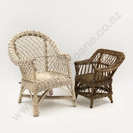 Two Vintage Cane Doll Chairs and Bamboo Table