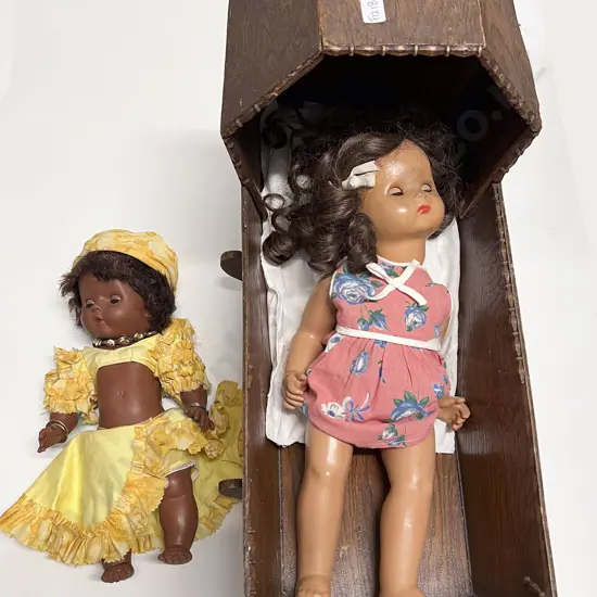 Vintage Beech Dolls Cradle and two play dolls