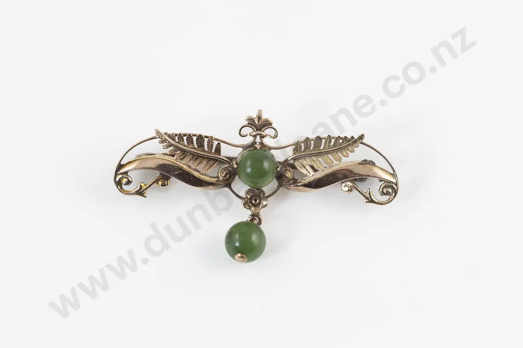 NZ 9ct Greenstone Fern Brooch Image 1++