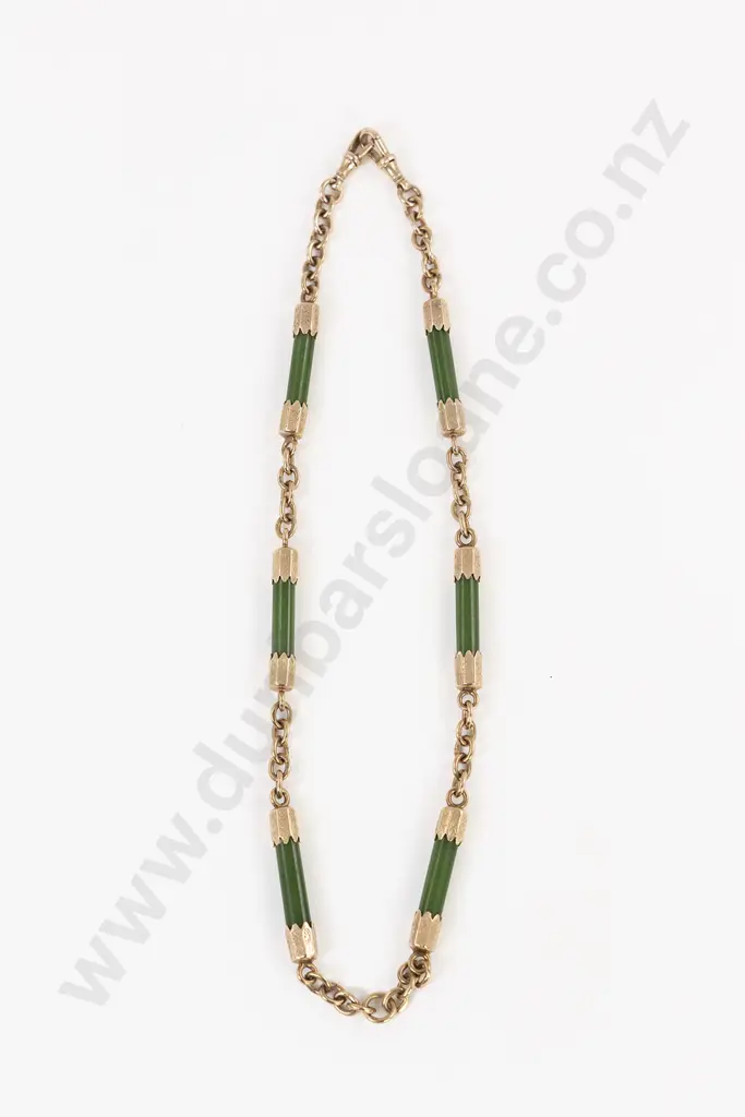 NZ Colonial 9ct Mounted Greenstone Rail Albert Chain Image 1++