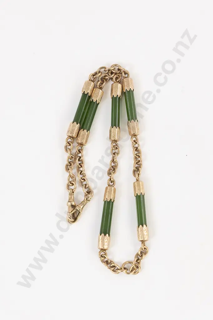 NZ Colonial 9ct Mounted Greenstone Rail Albert Chain Image 1++