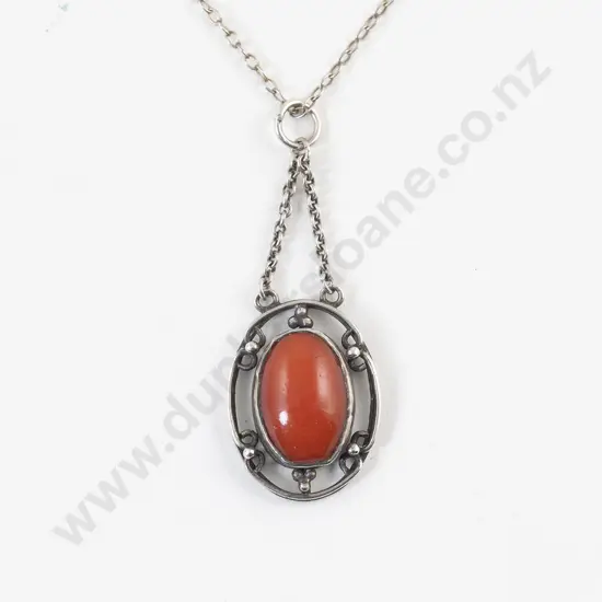 Possible NZ Jeweller Elsie Reeve Silver and Coral Pendant Necklace