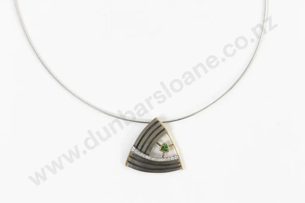 NZ Jeweller Tony Williams 18ct and Platinum Diamond and Garnet Triangular Pendant Image 1++